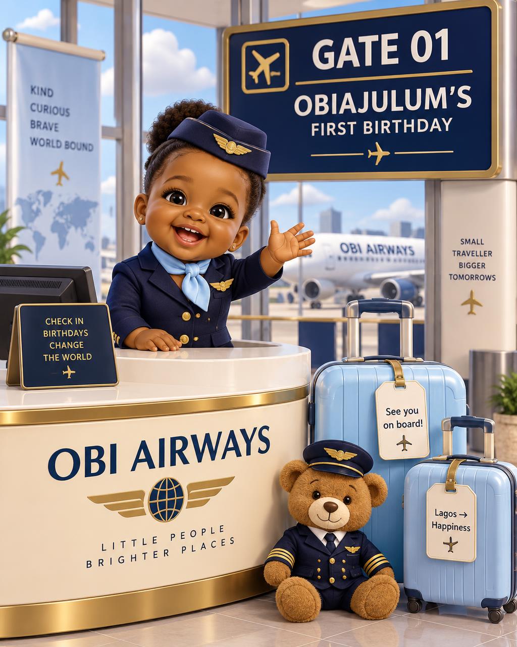 A toddler flight attendant welcoming guests at the Obi Airways check-in counter