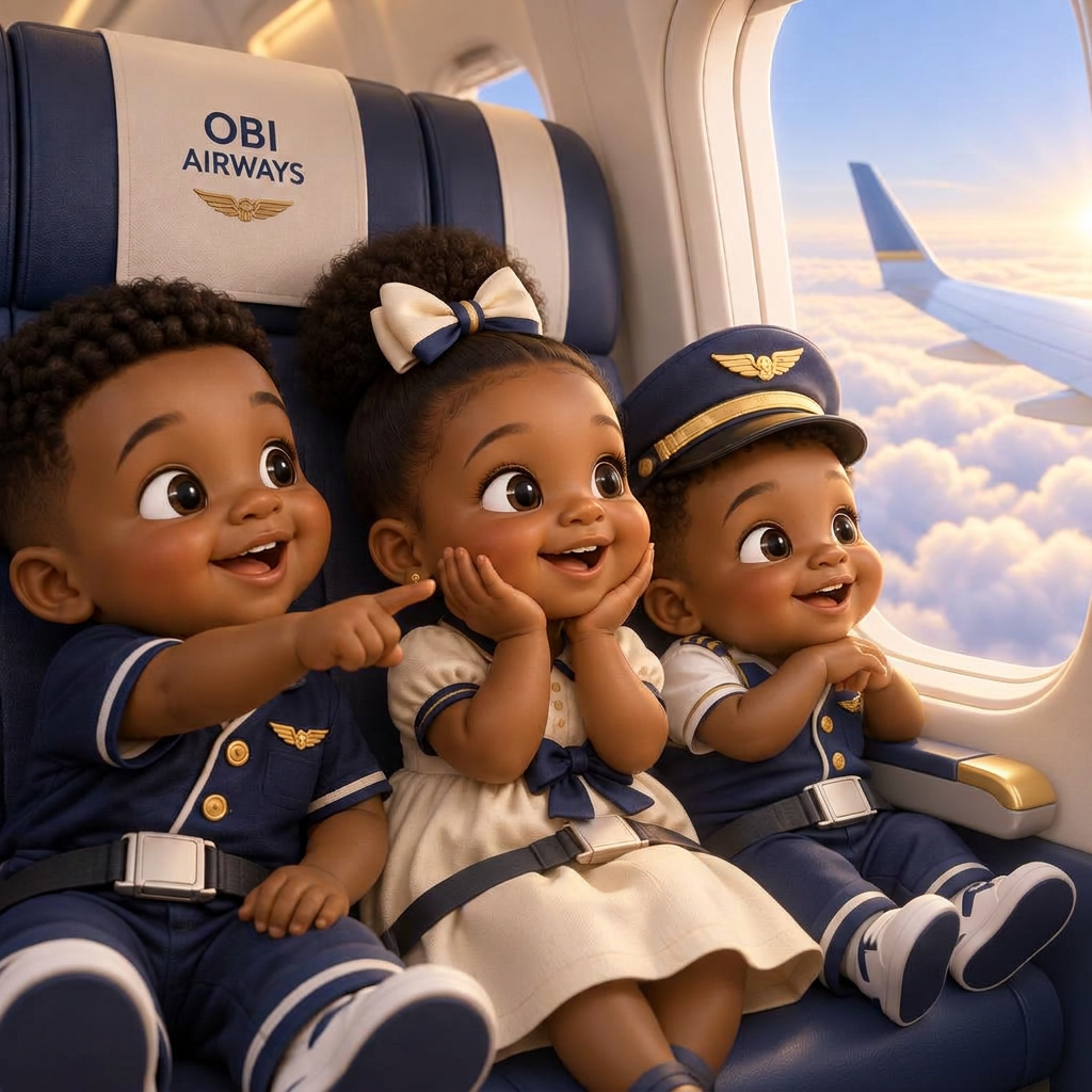 Three happy toddlers looking from an airplane window at clouds